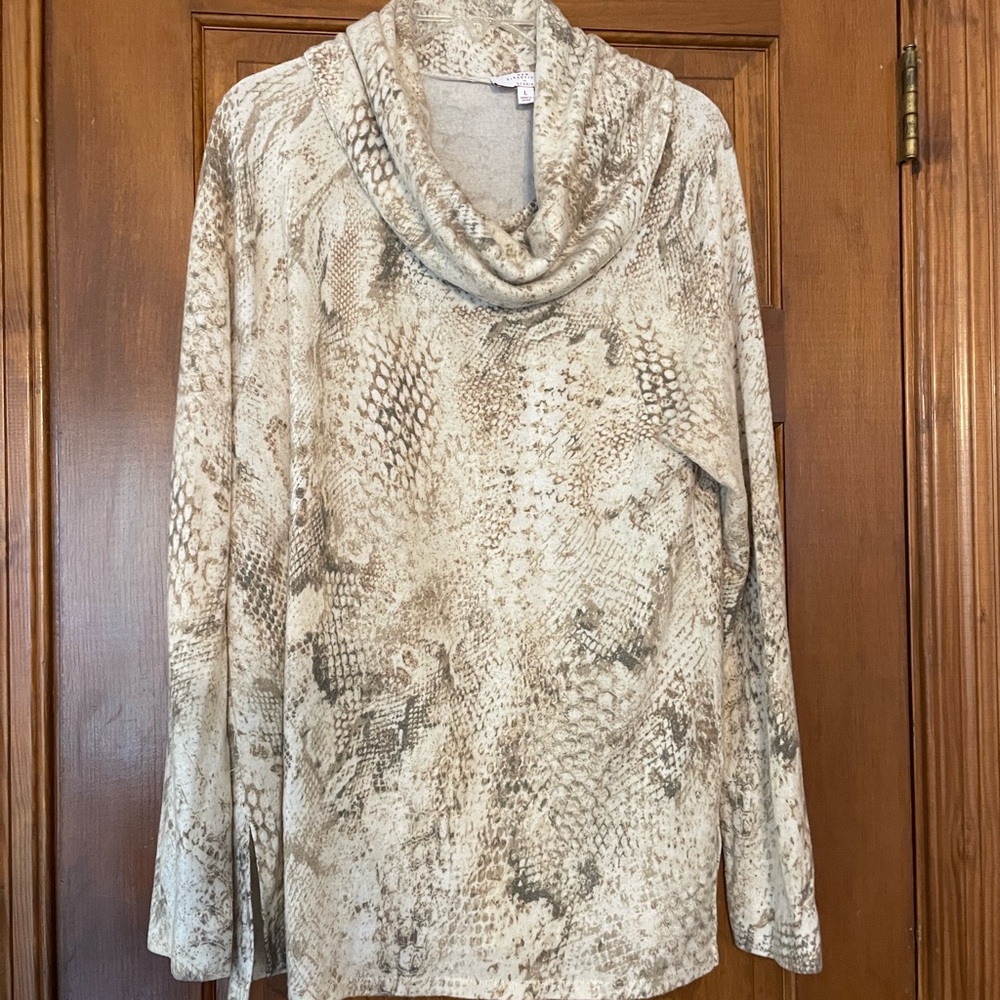 New Directions Studio Beige Snakeskin Cowl Neck Long‎ Sleeve Sweater, Size Large